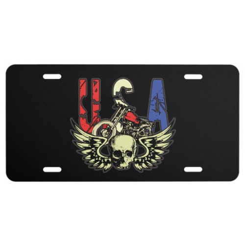 Motorcycle USA Skull With Wings Auto License Plate