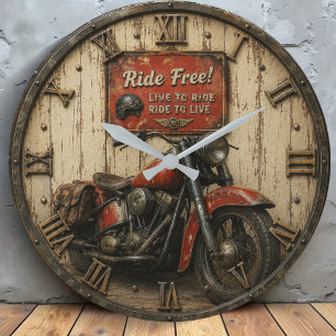 Motorcycle Vintage Biker Garage Decor Rustic Large Clock