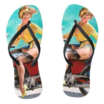 Motorcycle Vintage Pinup Girl Flip Flops by PinUpGallery at Zazzle