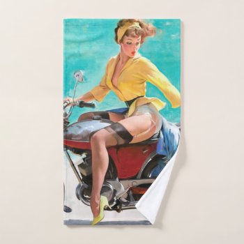 Motorcycle Vintage Pinup Girl Hand Towel by PinUpGallery at Zazzle