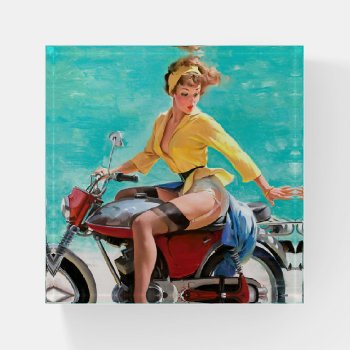 Motorcycle Vintage Pinup Girl Paperweight by PinUpGallery at Zazzle