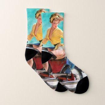 Motorcycle Vintage Pinup Girl Socks by PinUpGallery at Zazzle
