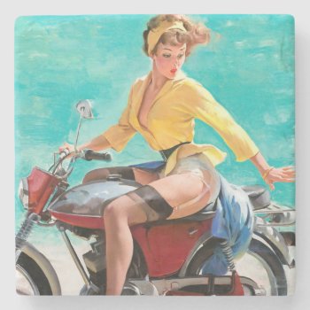Motorcycle Vintage Pinup Girl Stone Coaster by PinUpGallery at Zazzle