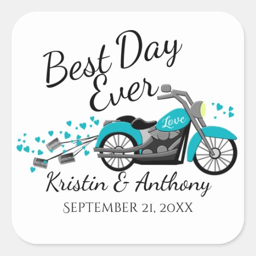 Motorcycle Wedding Aqua and Gray Square Sticker