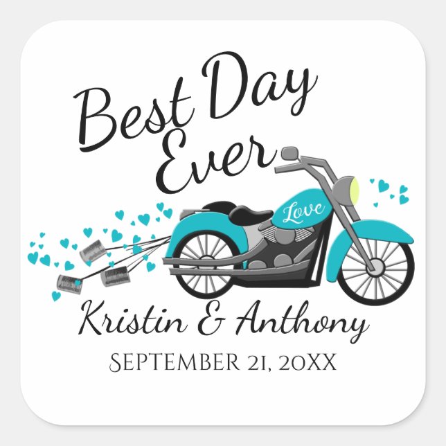 Motorcycle Wedding Aqua and Gray Square Sticker (Front)
