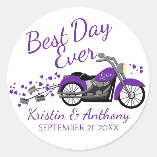 Motorcycle Wedding Purple and Gray Classic Round Sticker (Front)