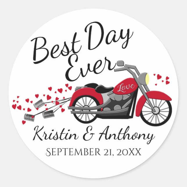 Motorcycle Wedding Red and Gray Classic Round Sticker (Front)