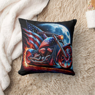 Motorcycle with American flag against a full moon Throw Pillow