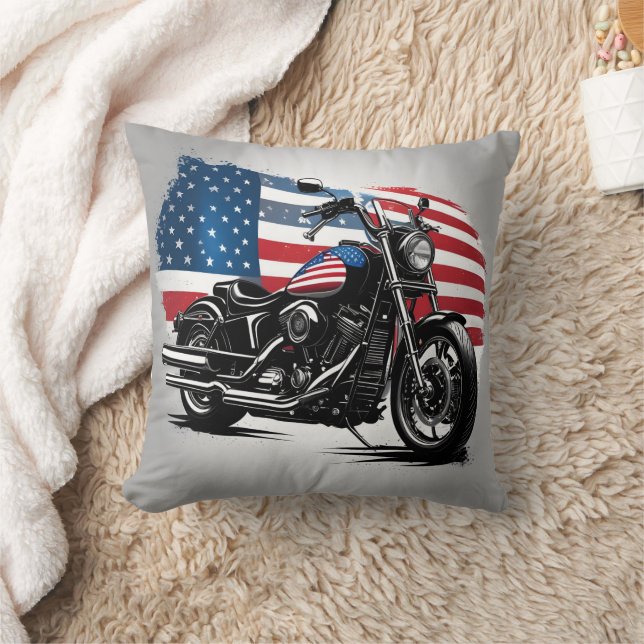 Motorcycle with American flag backdrop Throw Pillow (Blanket)
