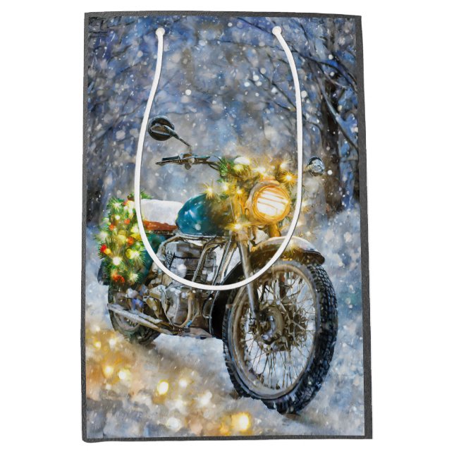 Motorcycle with Christmas Lights Medium Gift Bag (Front)