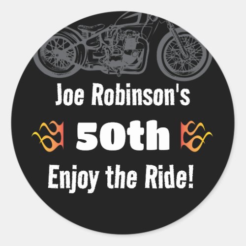 Motorcycle with flames 50th or any birthday classic round sticker