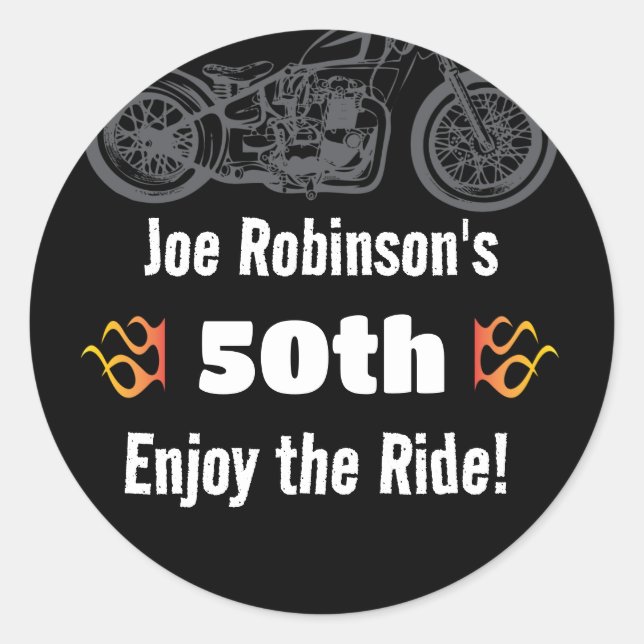 Motorcycle with flames 50th or any birthday classic round sticker (Front)