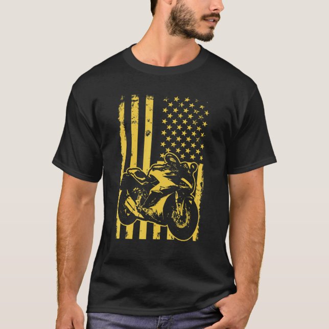 Motorcycle With Us American Flag Fourth 4th Of Jul T-Shirt (Front)