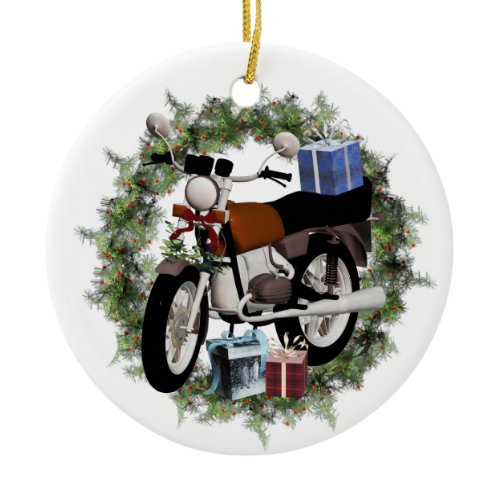 Motorcycle Wreath and Gifts Round Holiday Ornament