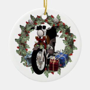 Motorcycle Wreath and Gifts Round Yule Ornament