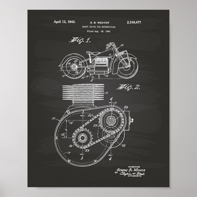 Motorcycles 1943 Patent Art Chalkboard Poster (Front)