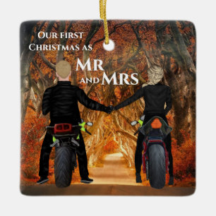 Motorcycles Autumn Forest Couples First Christmas Ceramic Ornament