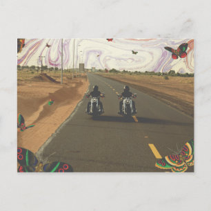 Motorcycles on road marble paint sky collage postcard