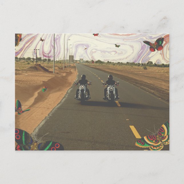 Motorcycles on road marble paint sky collage postcard (Front)