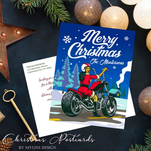 Motorcycling Mrs Claus Funny Christmas Greetings Holiday Postcard