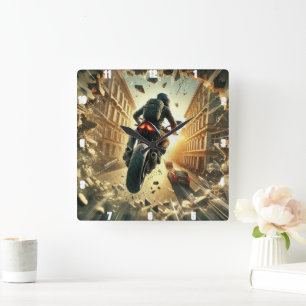 Motorcyclist Breaking Through Wall in Urban Sunset Square Wall Clock