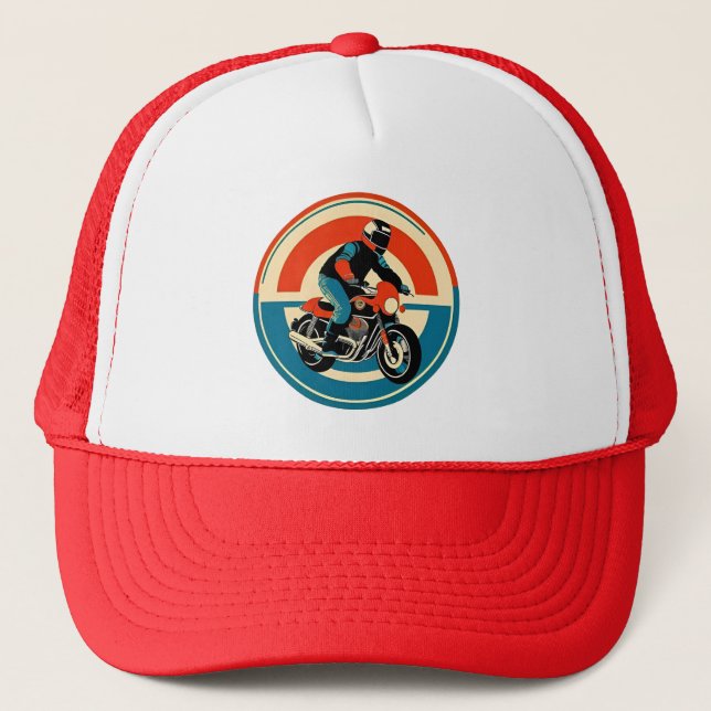 Motorcyclist in Vibrant Retro Style Trucker Hat (Front)