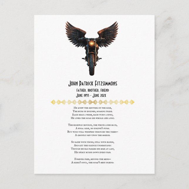 Motorcyclist Memorial Poem  Postcard (Front)