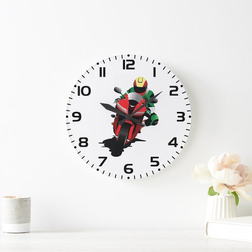 Motorcyclist On A Red Motorbike Large Clock