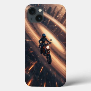 Motorcyclist Riding in Futuristic City with Planet iPhone 13 Case