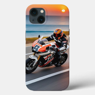 Motorcyclist Riding Sports Bike on Coastal Highway iPhone 13 Case
