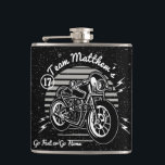 Motorcyle Biker Best Man Monogram Hip Flask<br><div class="desc">Motorcycle bike theme for Team Groom. Monogram your best man's or groomsman's initials to create a custom wedding thank you gift flask. Retro and vintage style look. Change black background color to color of your own choice. Go Fast or Go Home tagline can be changed to your own words of...</div>