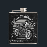 Motorcyle Biker Best Man Monogram Hip Flask<br><div class="desc">Motorcycle bike theme for Team Groom. Monogram your best man's or groomsman's initials to create a custom wedding thank you gift flask. Retro and vintage style look. Change black background color to color of your own choice. Go Fast or Go Home tagline can be changed to your own words of...</div>
