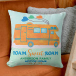 Motorhome Orange Camper RV Add Personalized Name Throw Pillow<br><div class="desc">This cute, colorful pillow adds a personalized accent to your motor home decor. Made in shades of bright orange, blue and green, this unique camper design has a hand-drawn, painted look. Heart-shaped balloons blow in the wind as the RV rides down the road. Instead of "home sweet home, " the...</div>