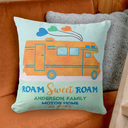 Motorhome Orange Camper RV Add Personalized Name Throw Pillow