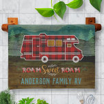 Motorhome RV Camper Travel Van Rustic Personalized Kitchen Towel<br><div class="desc">This custom design with a rustic look is perfect for your home-away-from-home on wheels. It shows a red plaid motor home | camper. The RV travels over a background that had a wood grain look with mountains and pine trees. The original text says, "Roam Sweet Roam." Use the easy template...</div>
