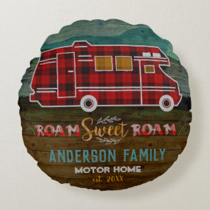 Motorhome RV Camper Travel Van Rustic Personalized Round Pillow