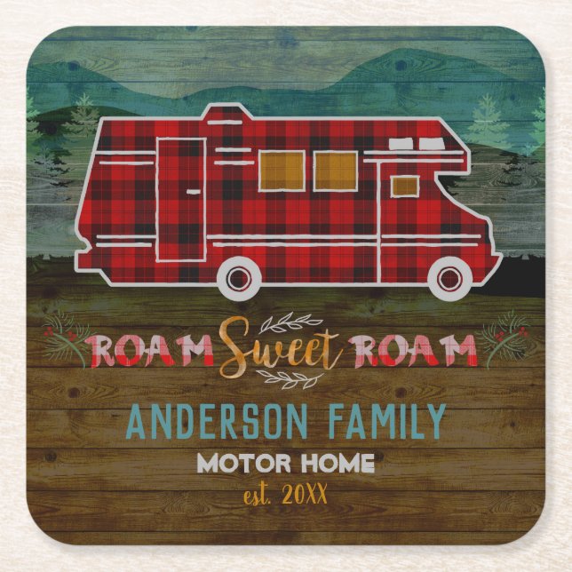 Motorhome RV Camper Travel Van Rustic Personalized Square Paper Coaster (Front)