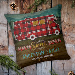 Motorhome RV Camper Travel Van Rustic Personalized Throw Pillow<br><div class="desc">This custom design with a rustic look is perfect for your home-away-from-home on wheels. It shows a red plaid motor home | camper. The RV travels over a background that had a wood grain look with mountains and pine trees. The original text says, "Roam Sweet Roam." Use the easy template...</div>