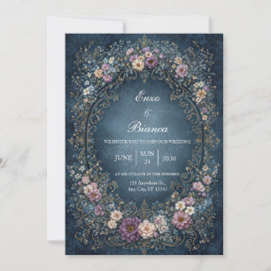 Mottled Indigo Royal Ornate Oval Wedding Invitation