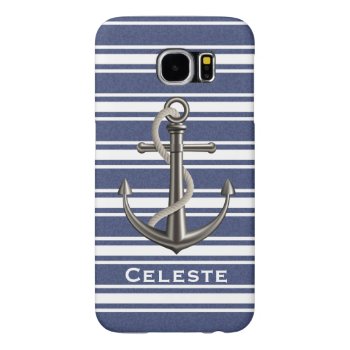 Mottled Navy Blue Striped Anchor Samsung Galaxy S6 Case by artNimages at Zazzle