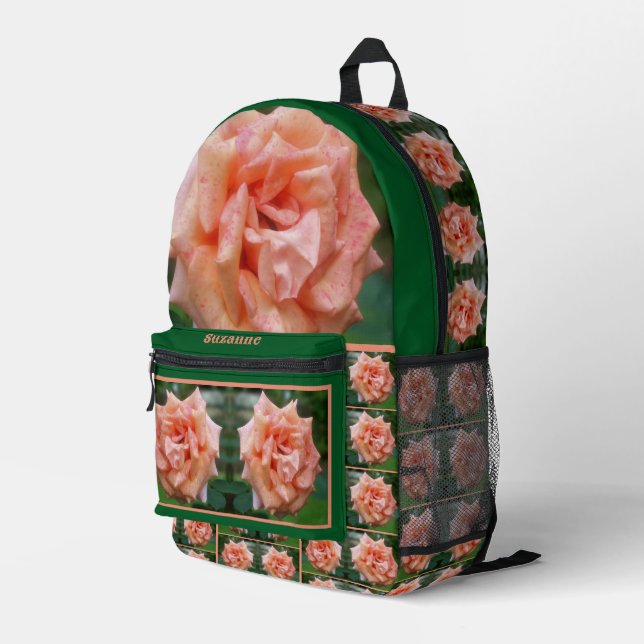 Mottled Peach Rose In Bloom Personalized Printed Backpack (Back Corner Right)