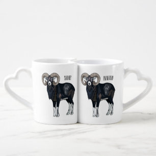 Mouflon sheep cartoon illustration coffee mug set