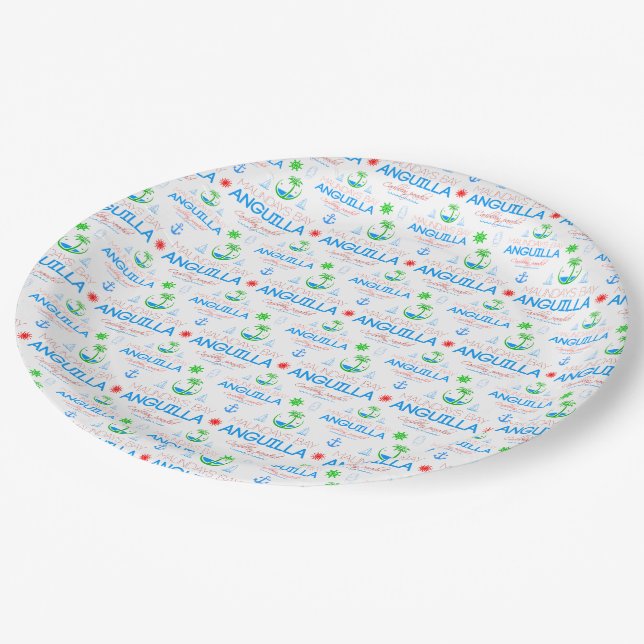 Moundays Bay, Anguilla Color Text, Images Pattern  Paper Plates (Angled)