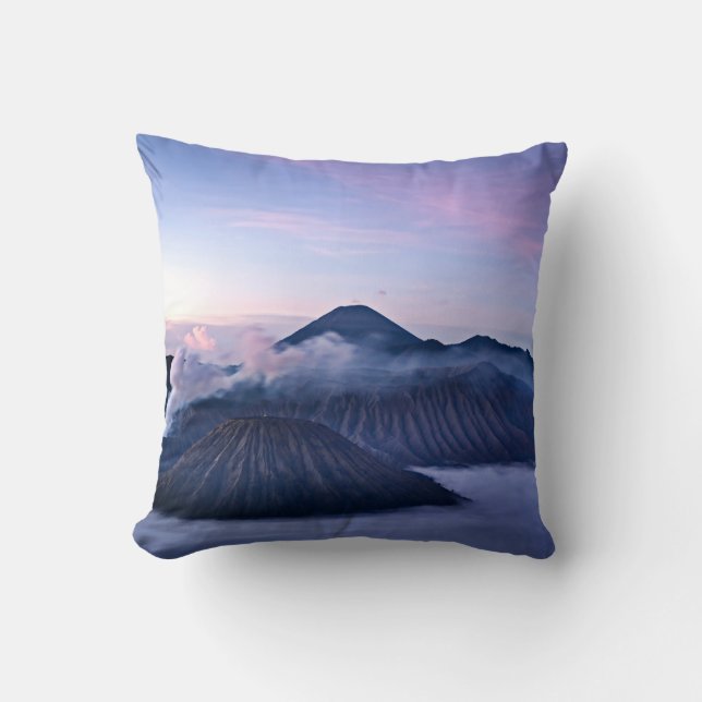 Mount Bromo wrapped in a dream of clouds Throw Pillow (Front)