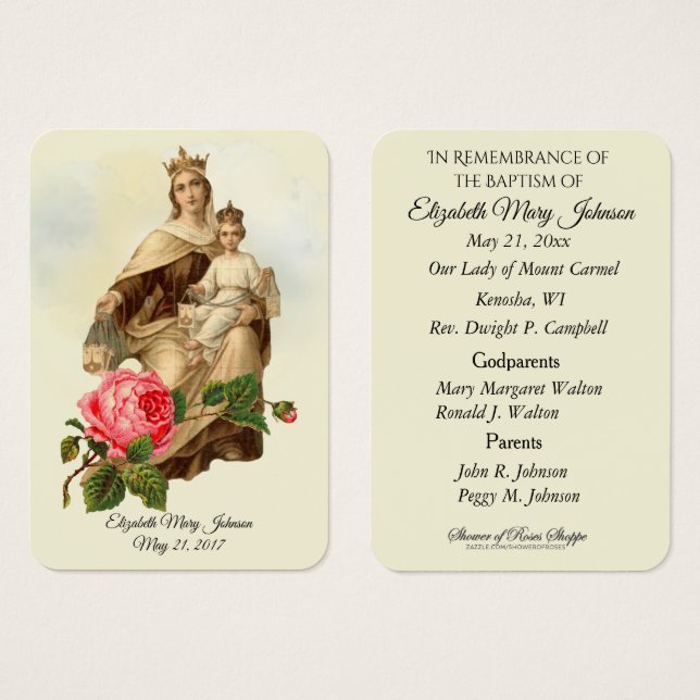 Mount Carmel Baptism Christening Remembrance Card (Front & Back)