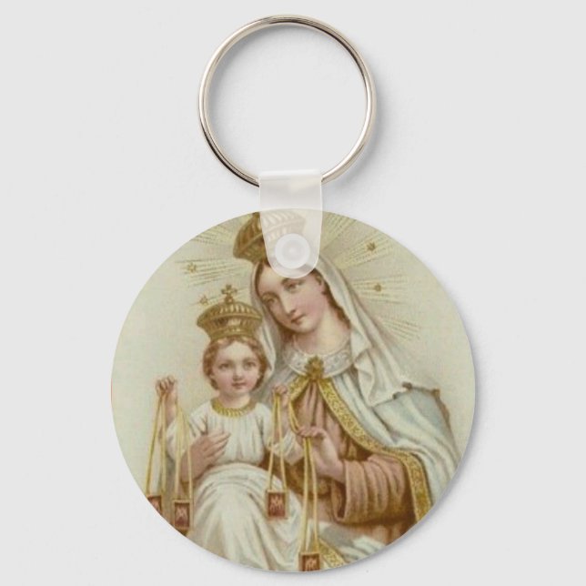 Mount Carmel Virgin Mary Jesus Brown Scapular Keychain (Front)