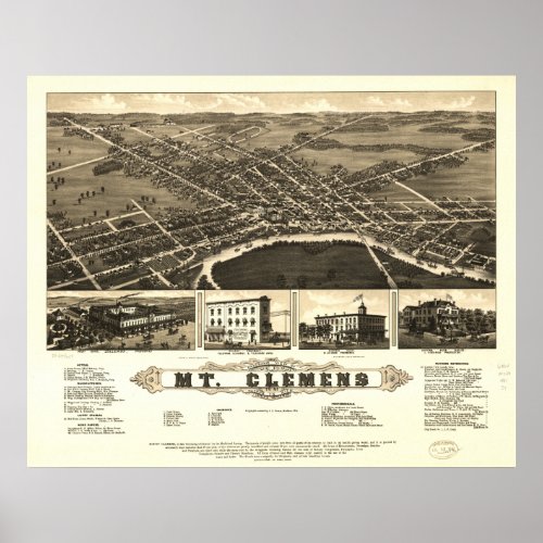 Mount Clemens Michigan 1881 Antique Panoramic Map Poster
