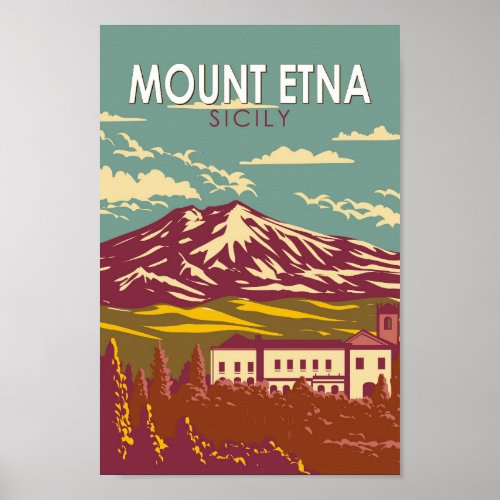 Mount Etna Sicily Travel Art Vintage Poster