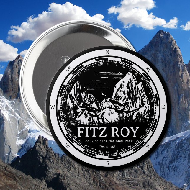 Mount Fitz Roy - Cerro Chaltén South America Button (Mount Fitz Roy Button in Back with a white compass and mountain illustration)