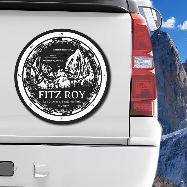 Mount Fitz Roy - Cerro Chaltén South America Car Magnet (Mount Fitz Roy Car Magnet in Back with a white compass and mountain illustration)